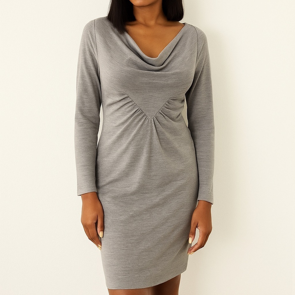 Heather Gray Long Sleeve Cowl Neck Dress – Gathered Waist Detail